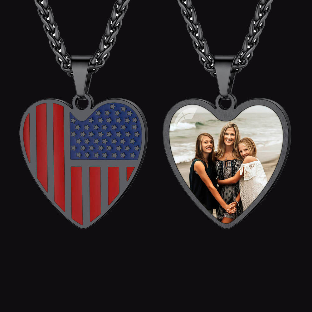 Customized Heart American Flag Necklace With Picture for