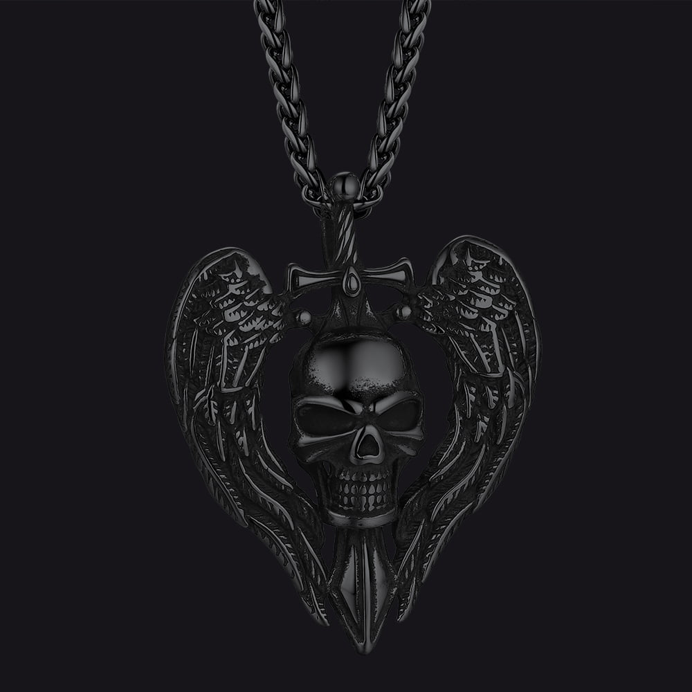 Gothic Sword Wings Skull Pendant Necklace for