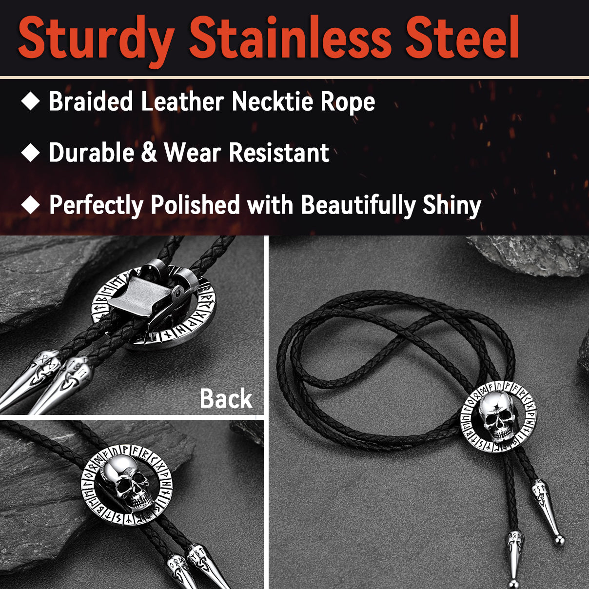 Gothic Skull Bolo Tie With Viking Rune for
