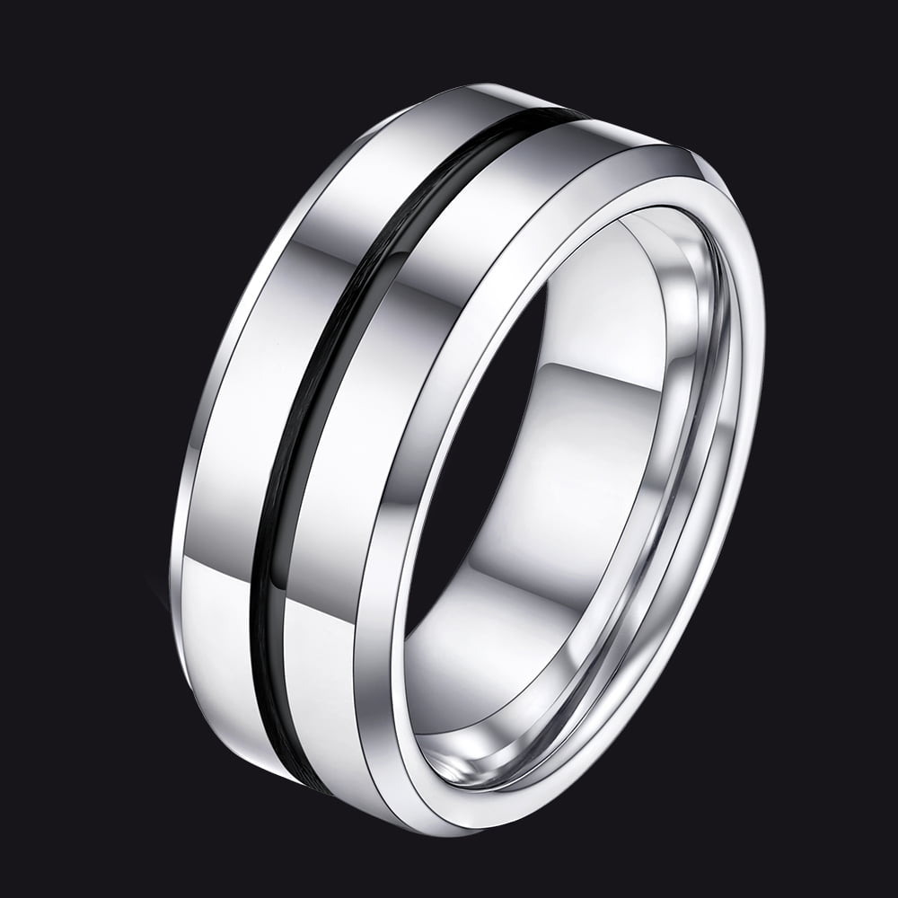 Silver Grooved Tungsten Carbide Wedding Band Ring for 8mm