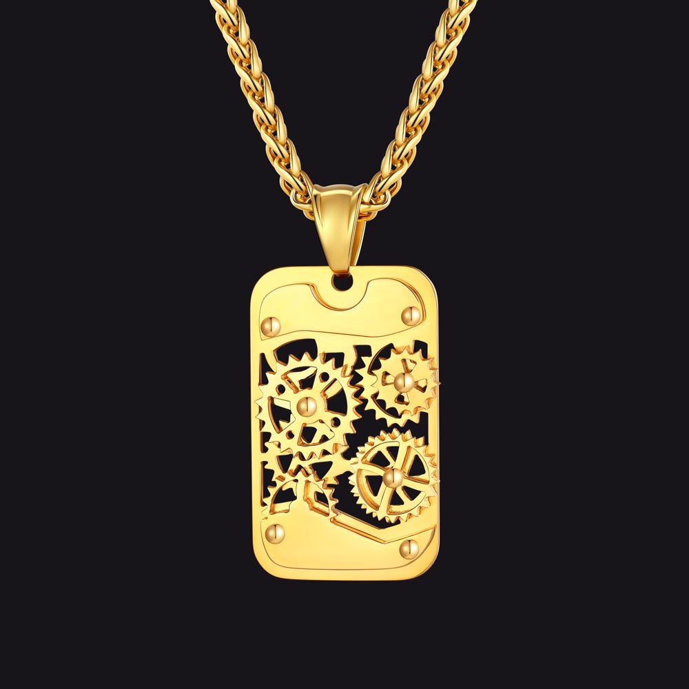 Mechanical Gear Dog Tag Pendant Necklace for