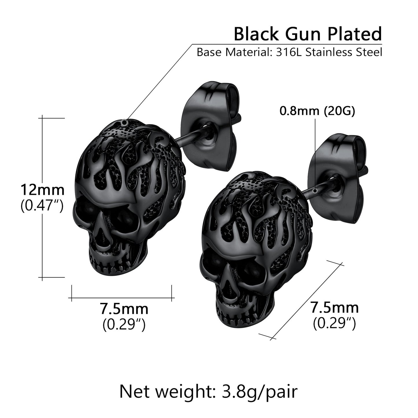 Gothic Flaming Skull Stud Earrings for