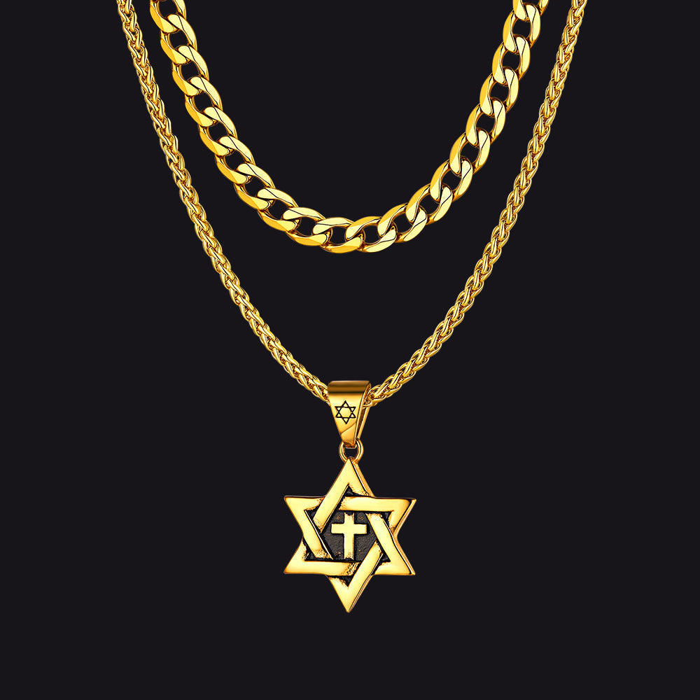 Curb Chain & Star of David With Cross Layered Necklaces Set for