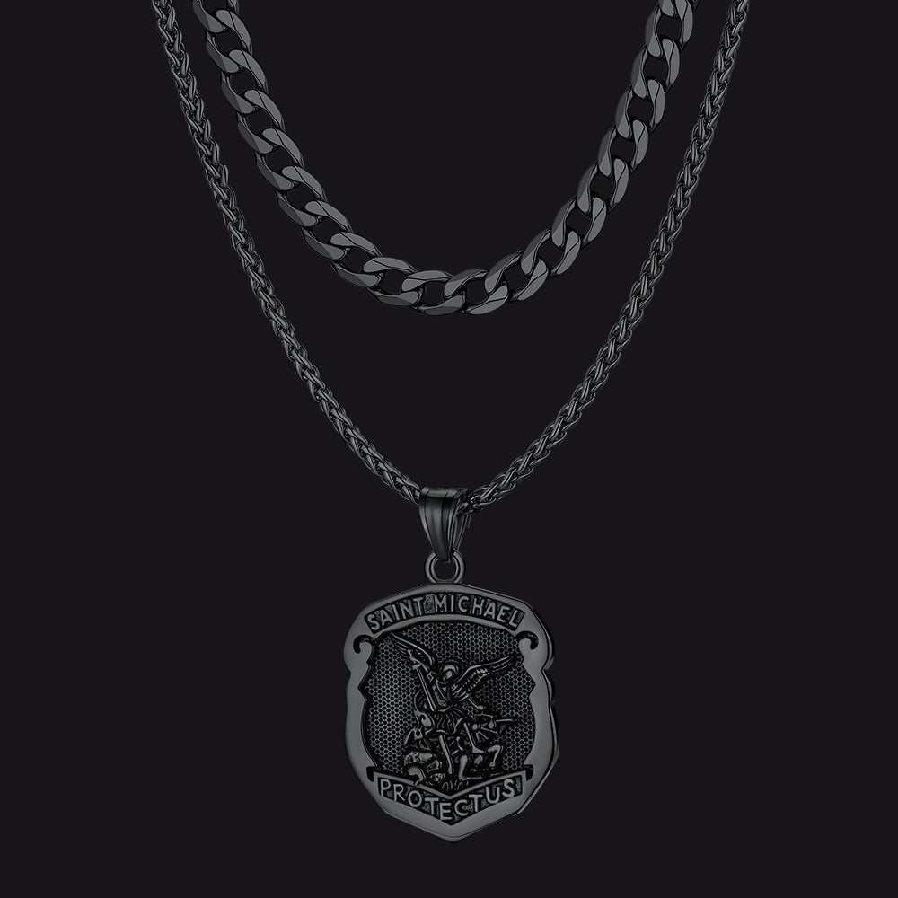 Cuban Chain & Saint Michael Necklace Layered Set for