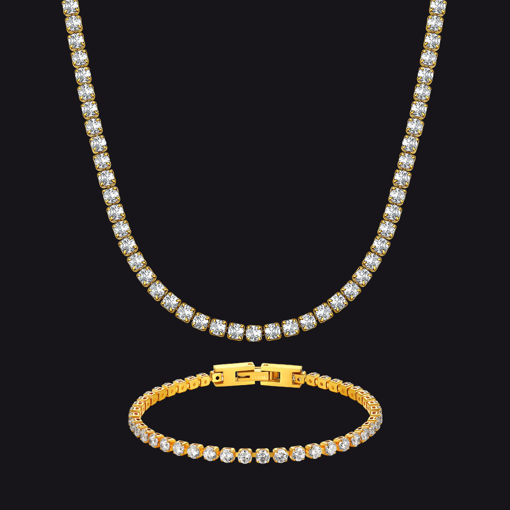 3mm Cz Diamond Cut Tennis Chain & Bracelet Set for