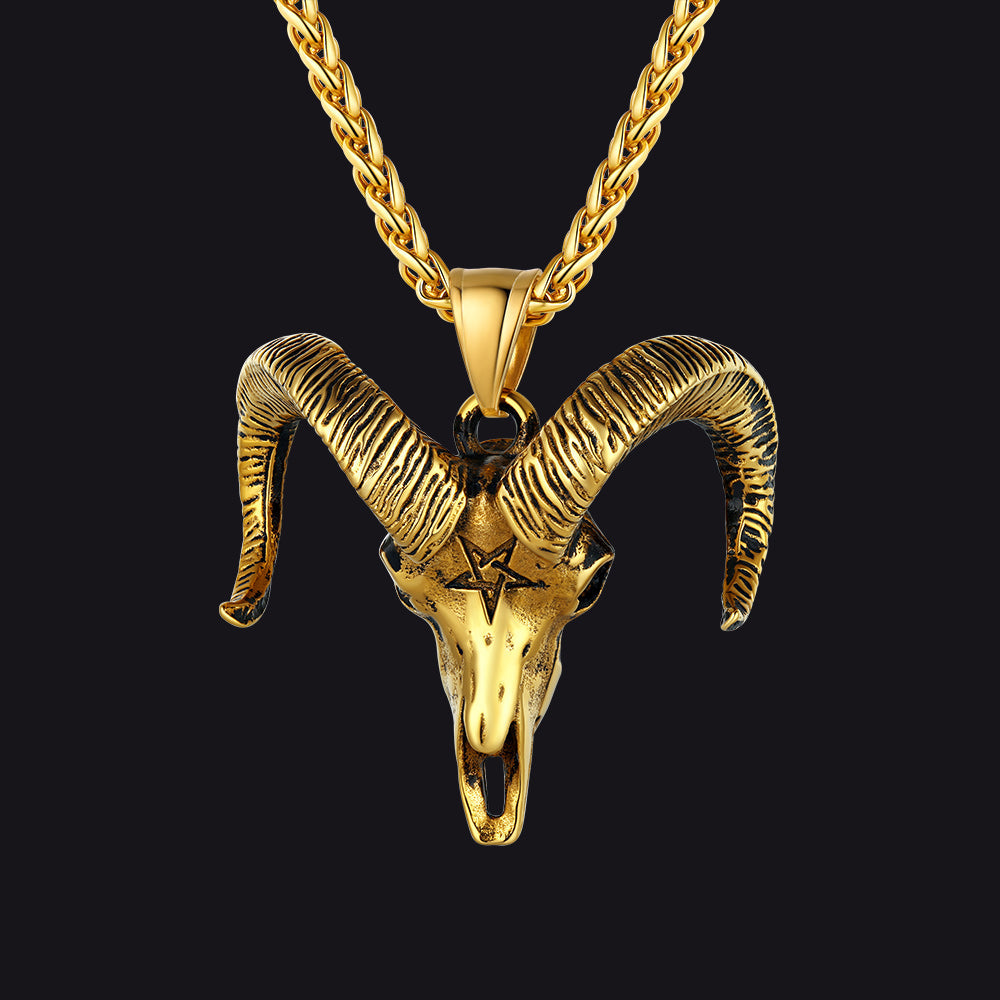 Satanic Goat Skull Head Necklace With Invert Pentagram
