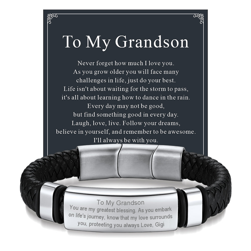 Custom Braided Black Engraved Leather Bracelet Cuff for