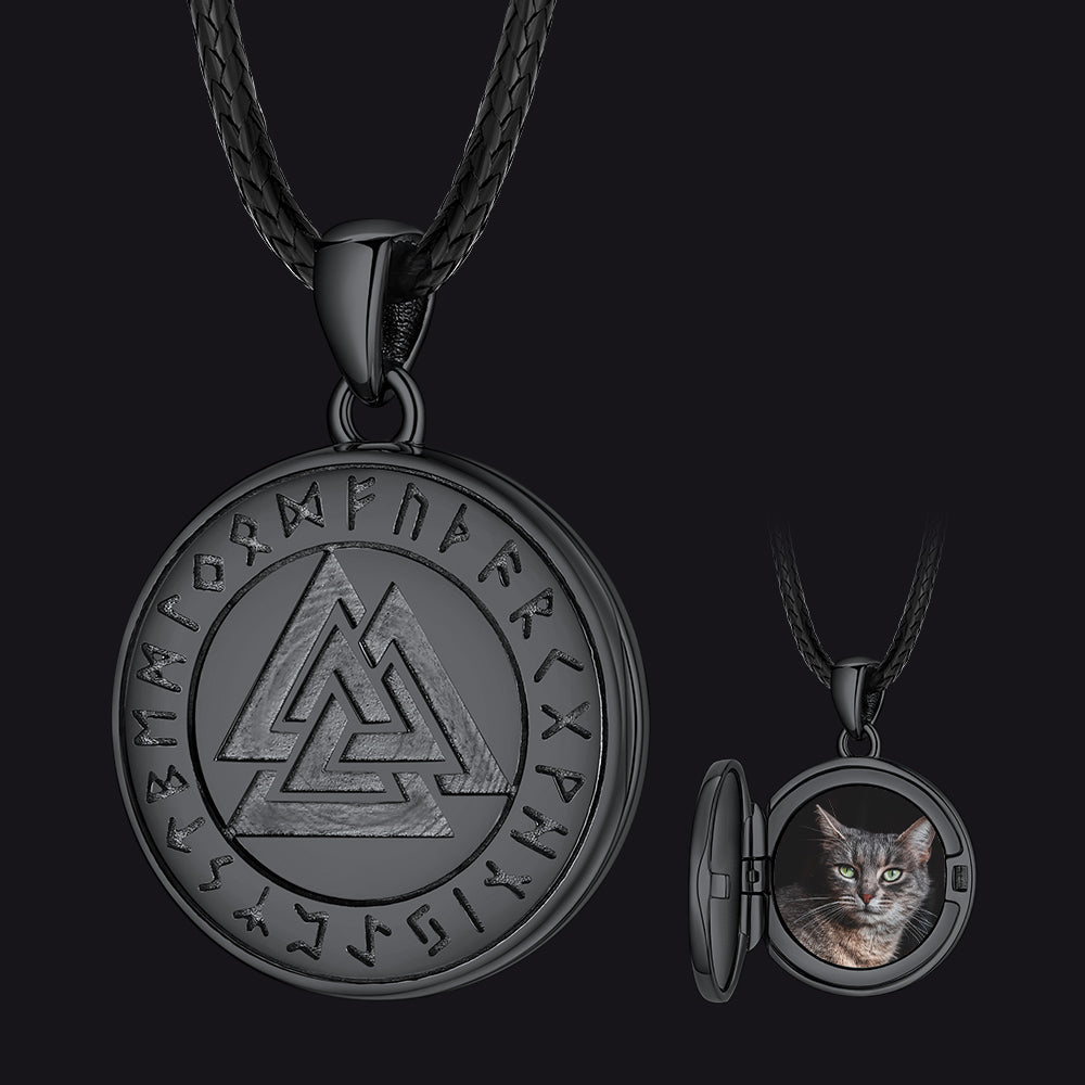 Personalized Viking Valknut Photo Locket Pendant With Leather Necklace