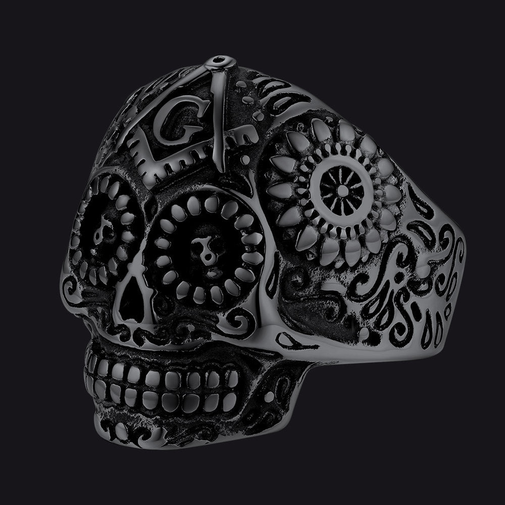 Punk Masonic Sugar Skull Ring for