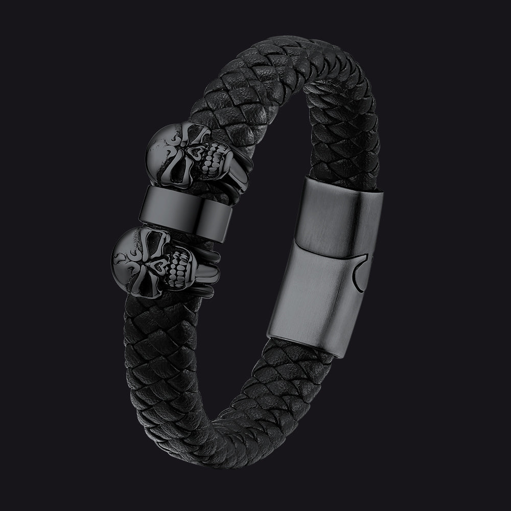 Personalized Name Beads Leather Bracelet With Skull for
