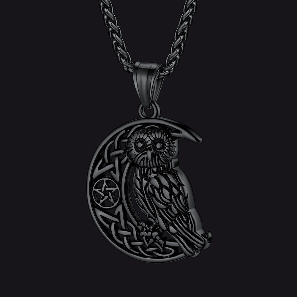 Viking Celtic Crescent Moon Owl Necklace for