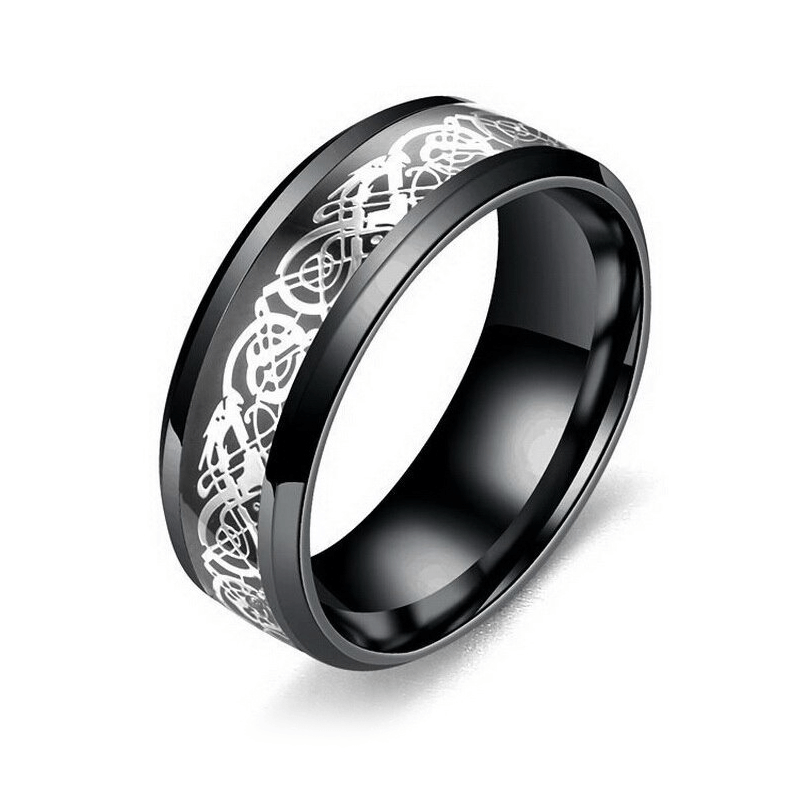 Black Stainless Steel Ring With Dragon Pattern / and Metal Jewelry in Gothic Style
