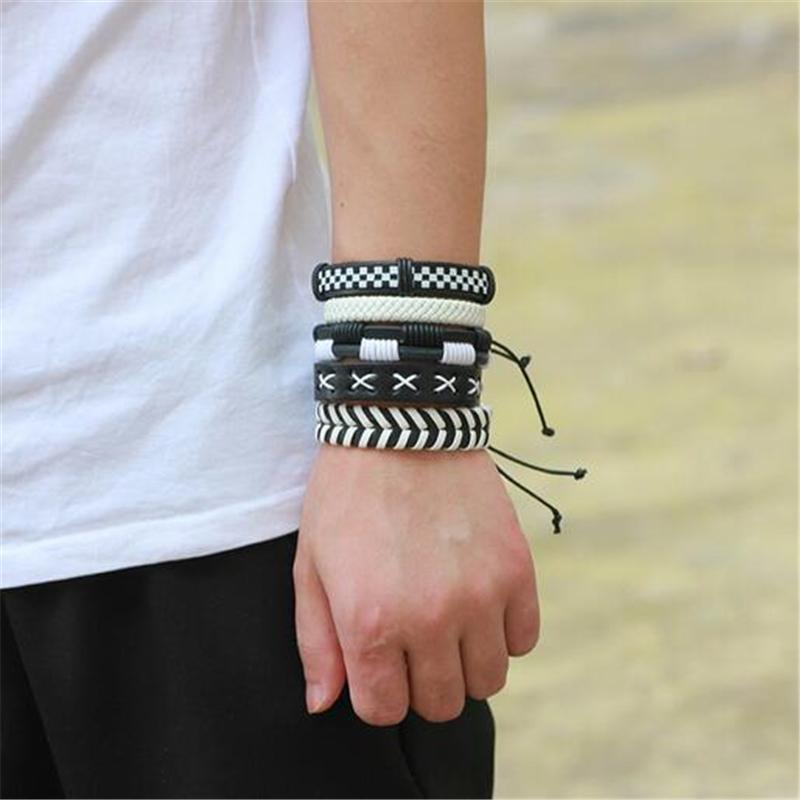 Black & White Leather Bracelet & Wristband in Rock Style Set of 5 Pcs