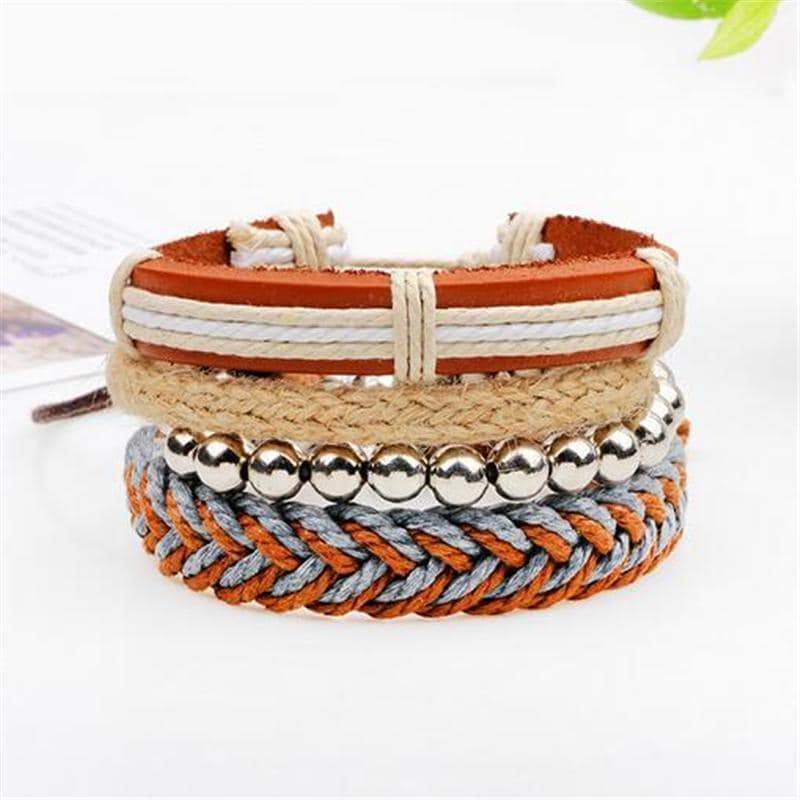 Brown Bracelet in Rock Style & Braided Rope Wristband Set of 4 Pcs