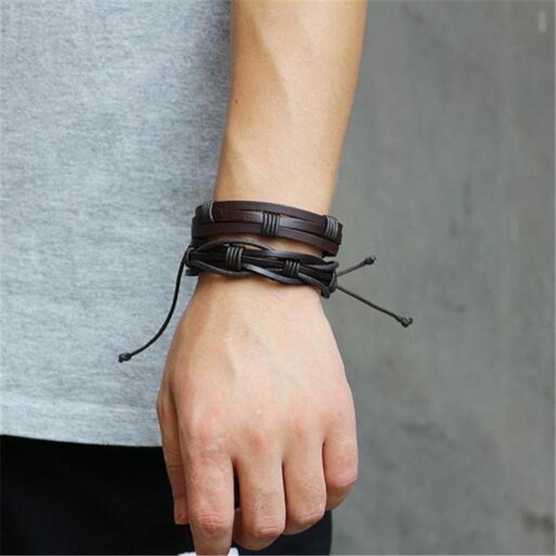 Brown Leather Bracelet in Rock Style & Braided Rope Wristband Set of 5 Pcs