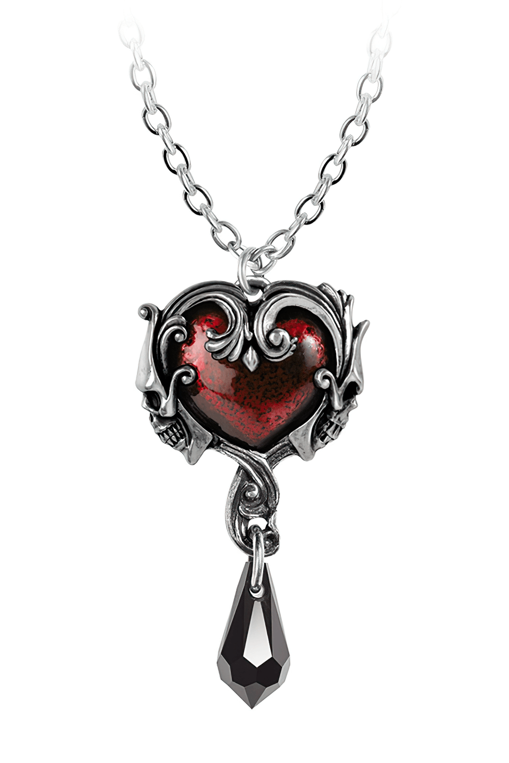 Dark Gothic Heart Pendant With Wine Red Crystal Drop
