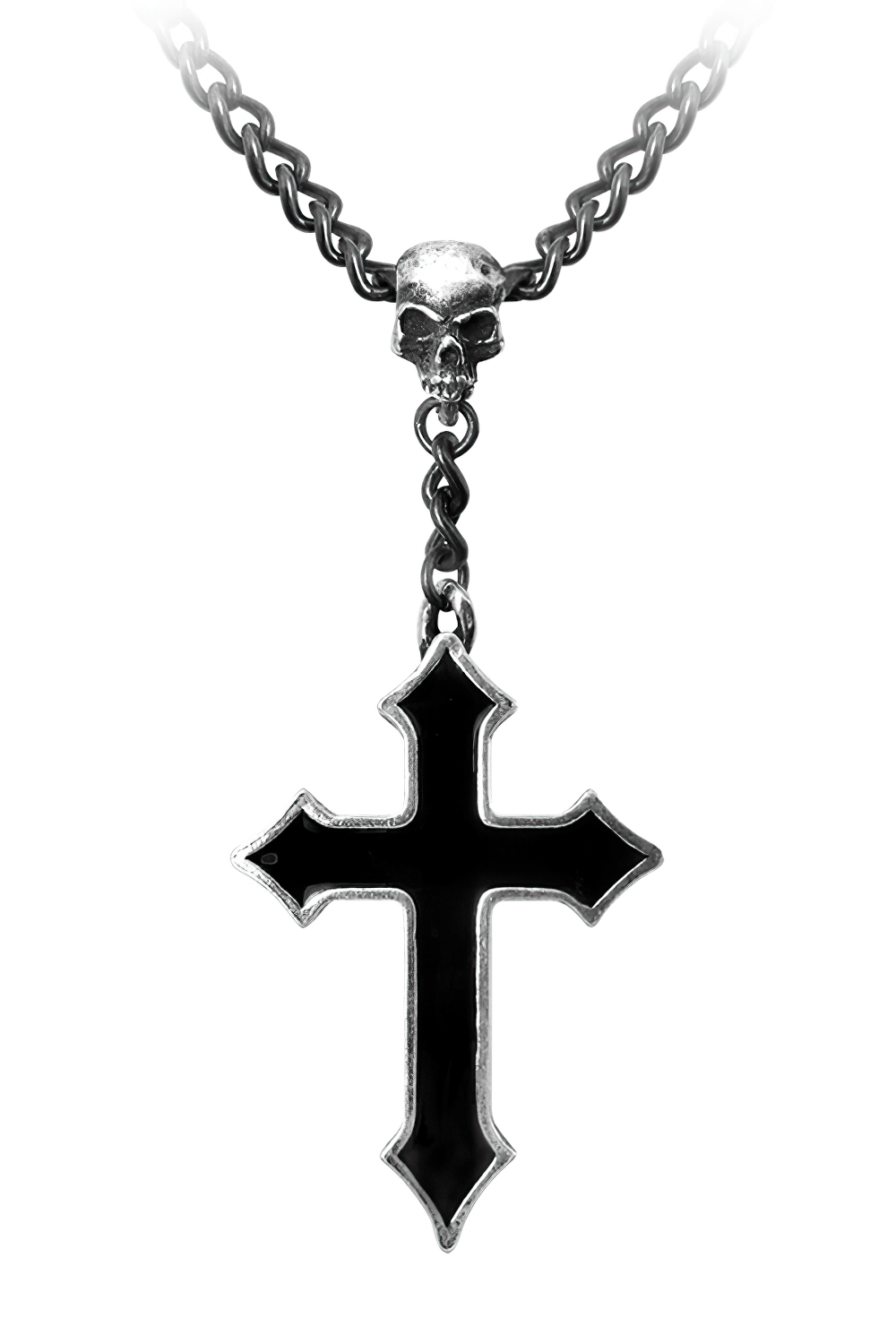 Black Enamel Cross With Pewter Skull Pendant