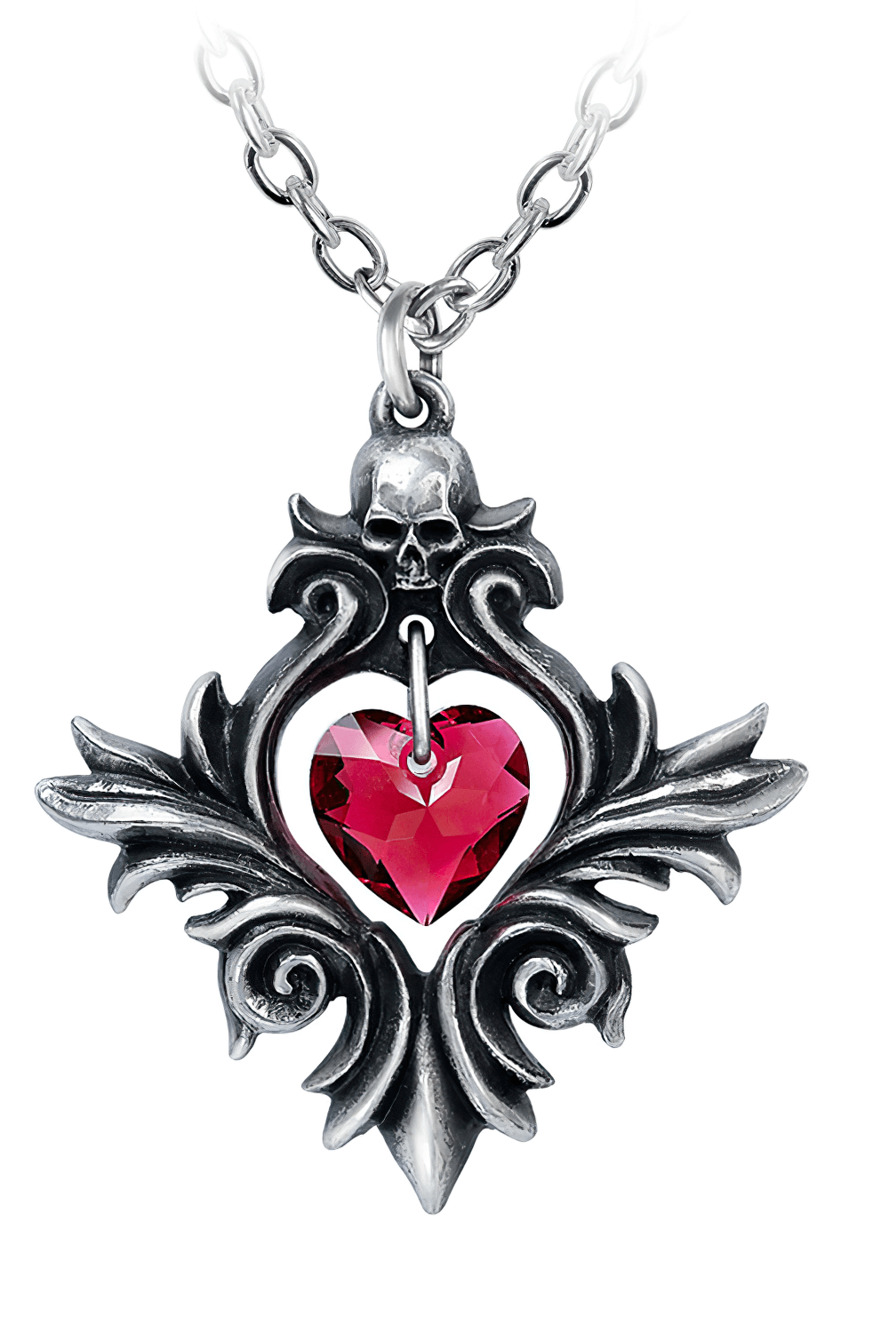 Gothic Skull Pendant With Red Crystal Heart Charm