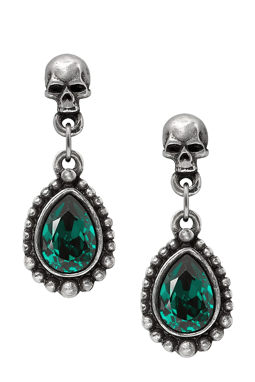 Gothic Skull Teardrop Green Crystal Dangle Earrings