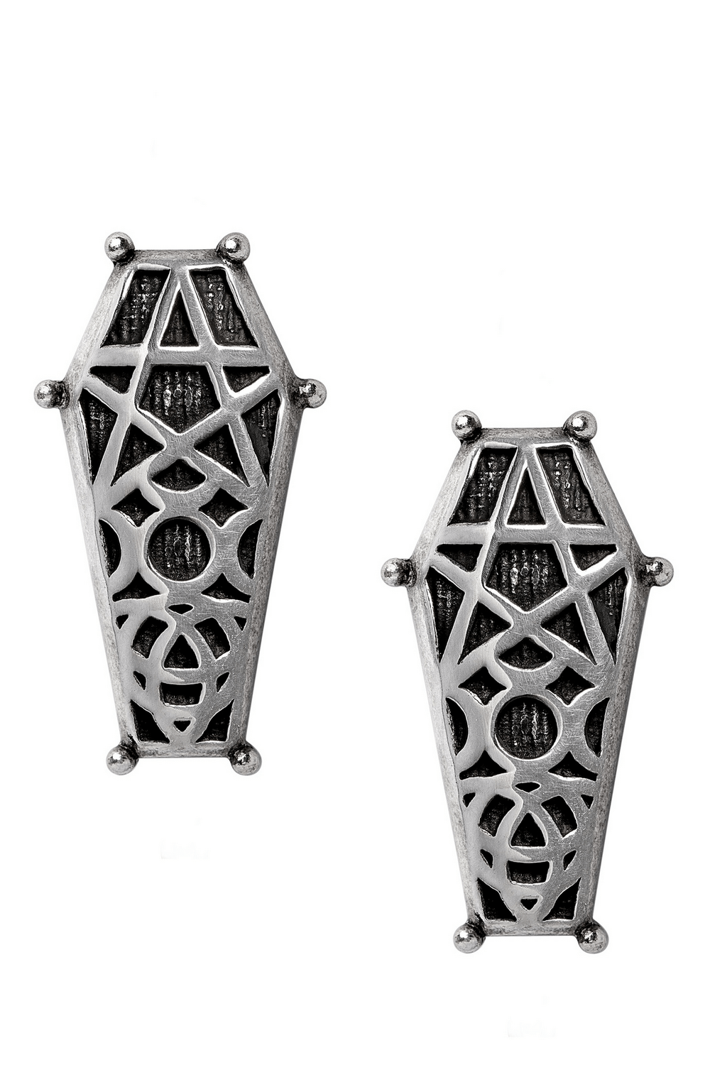 Hex Coffin Stud Earrings With Triple Moon and Pentagram