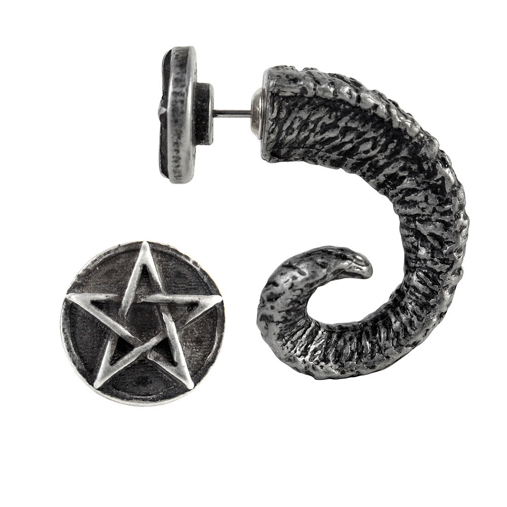 Pewter Ram's Horn Earring With Pentagram End Cap