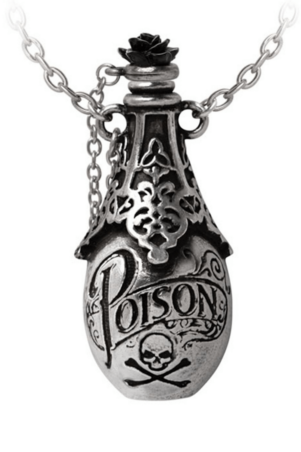 Poison Bottle Pendant With Skull and Black Rose Detail