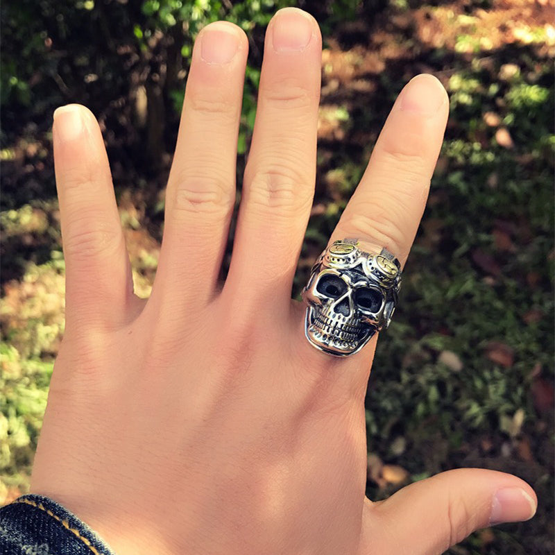925 Silver Aviator Skull Adjustable Ring for and / Big Heavy Ring / Biker Jewelry