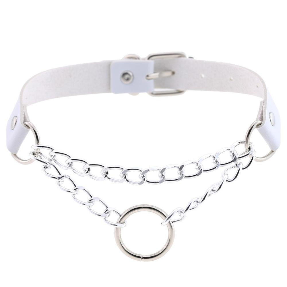 Silver Color Chain Necklace / Pu Leather Gothic Choker With Ring and Chain / Neck Jewelry