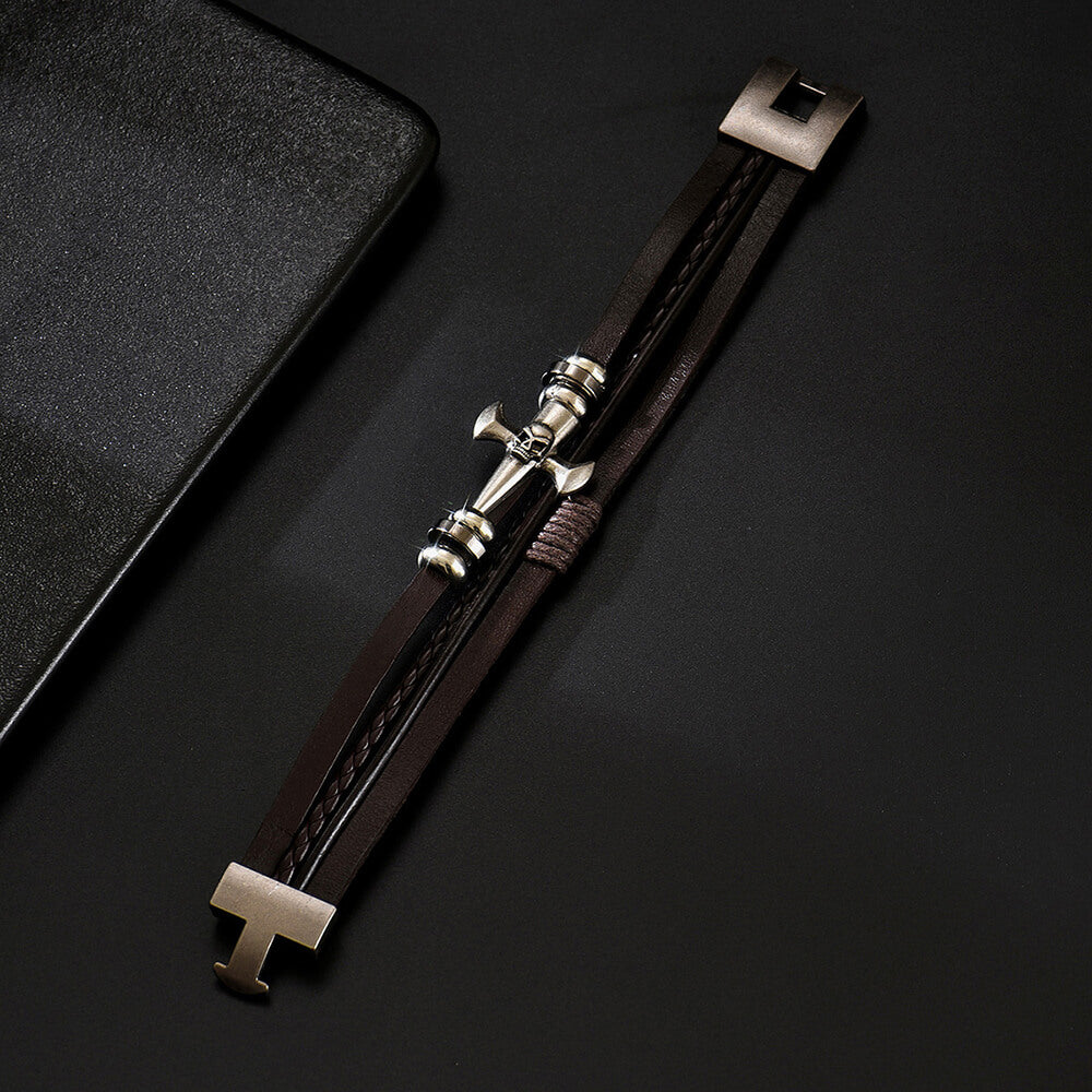 Skull Cross Pu Leather Braided Biker Alloy Bracelet