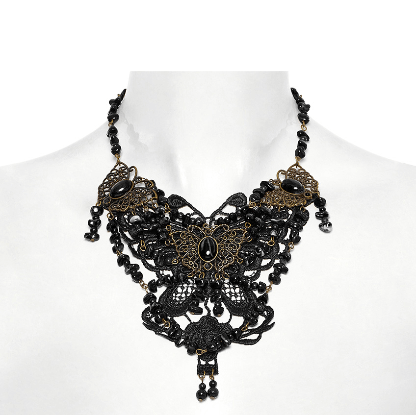 Steampunk Butterfly Necklace With Natural Stones and Lace