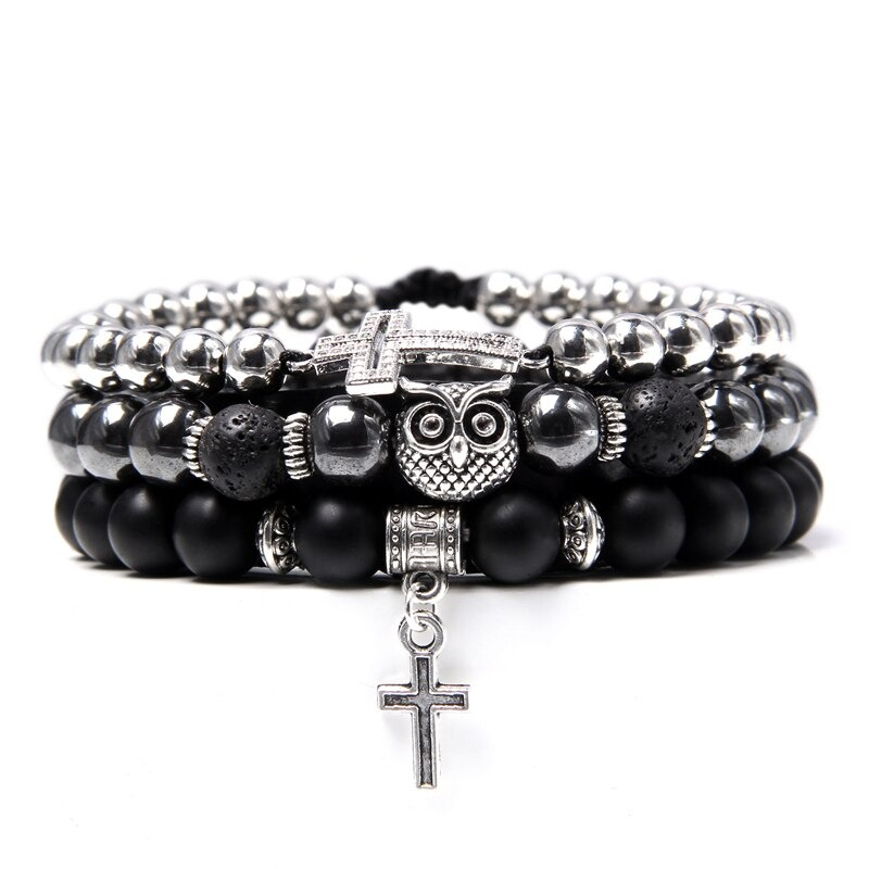 Style Set Multiple Charm Bracelet Natural Stone Beads / Braided Bracelet With a Cross