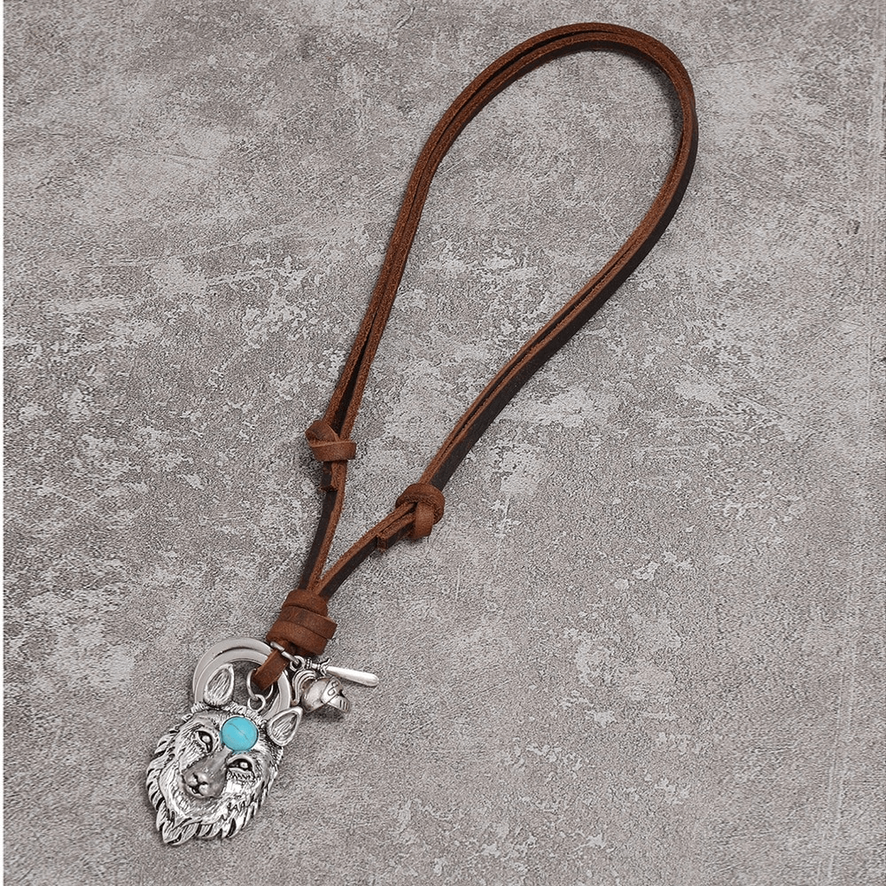 Adjustable Brown Necklace of 100% Genuine Leather / Punk Pendant in Form Wolf Head