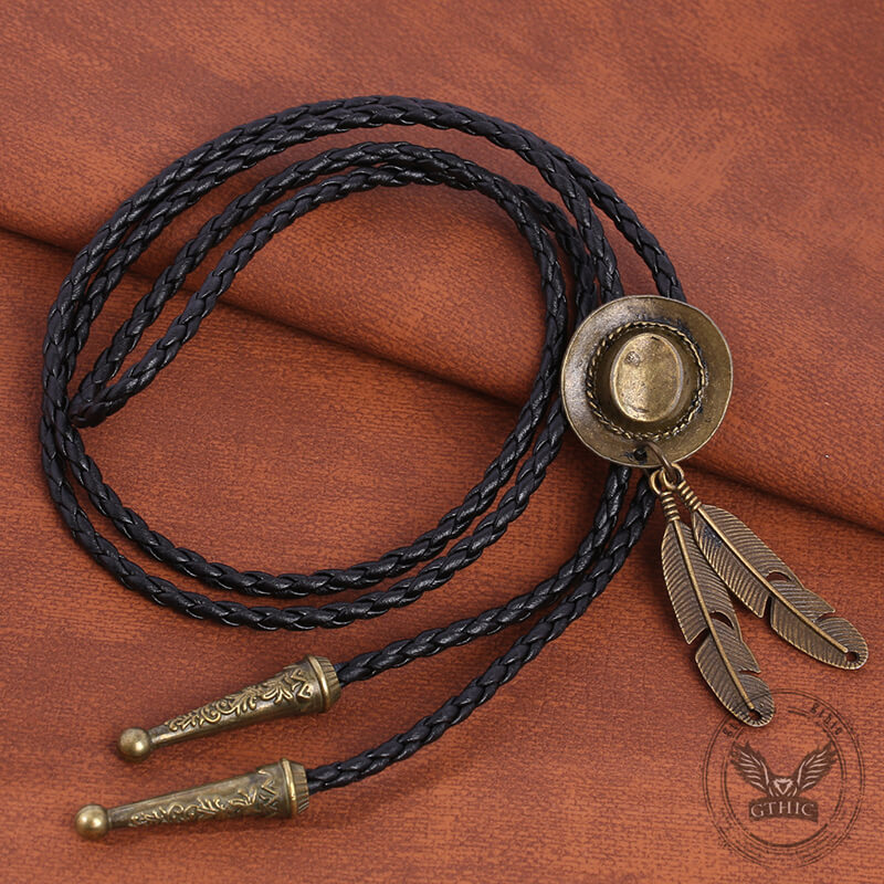 Western Cowboy Hat Feather Alloy Bolo Tie