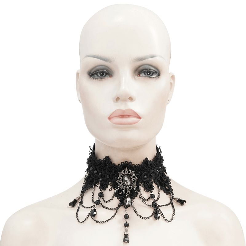 Black Lace Necklace With Rhinestones / Gothic Necklace With Drop Shaped Pendant