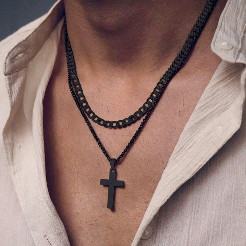 Gift for Cuban Chain & Cross Pendant Layered Necklace Set Birthday Gift