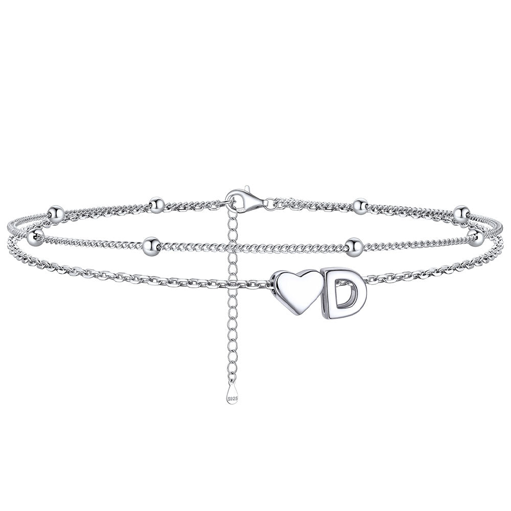 Sterling Silver Initial Heart Layered Anklet for