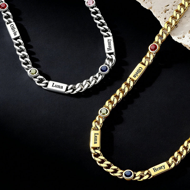 Customized Engraved Name Birthstone Cuban Chain Necklace for