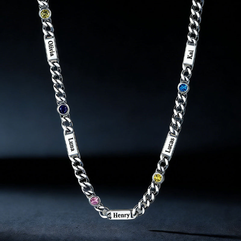 Customized Engraved Name Birthstone Cuban Chain Necklace for