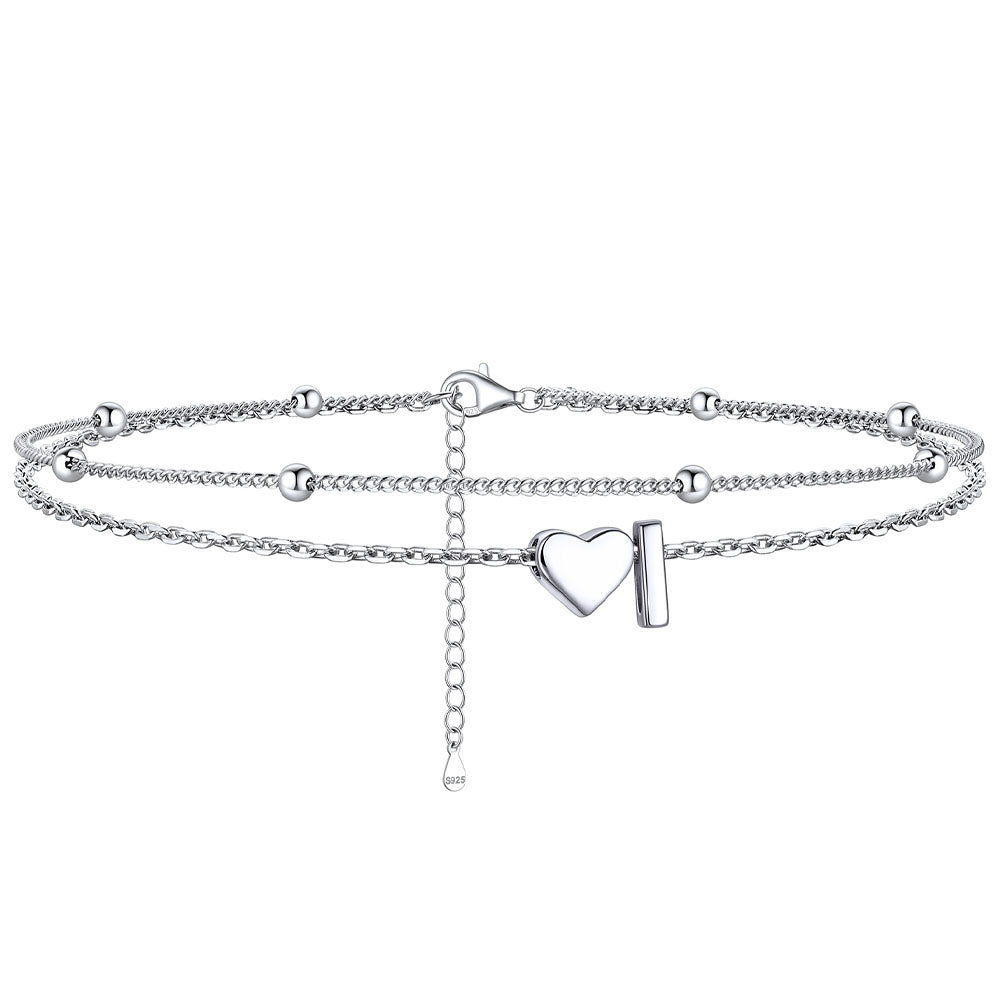 Sterling Silver Initial Heart Layered Anklet for