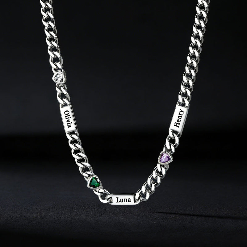 Personalized Name Cuban Chain Necklace With Heart Birthstone for Mom