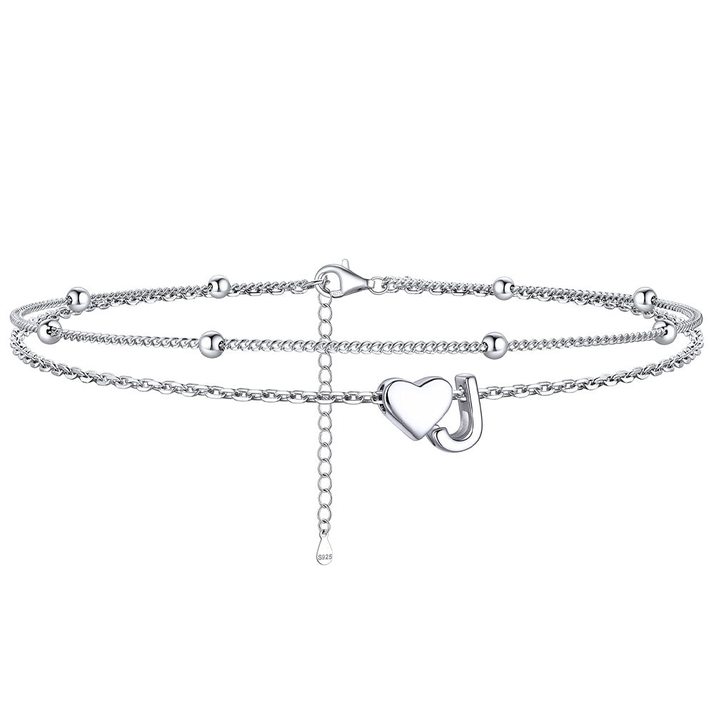 Sterling Silver Initial Heart Layered Anklet for