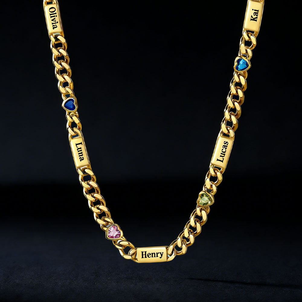 Personalized Name Cuban Chain Necklace With Heart Birthstone for Mom
