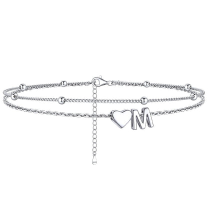 Sterling Silver Initial Heart Layered Anklet for