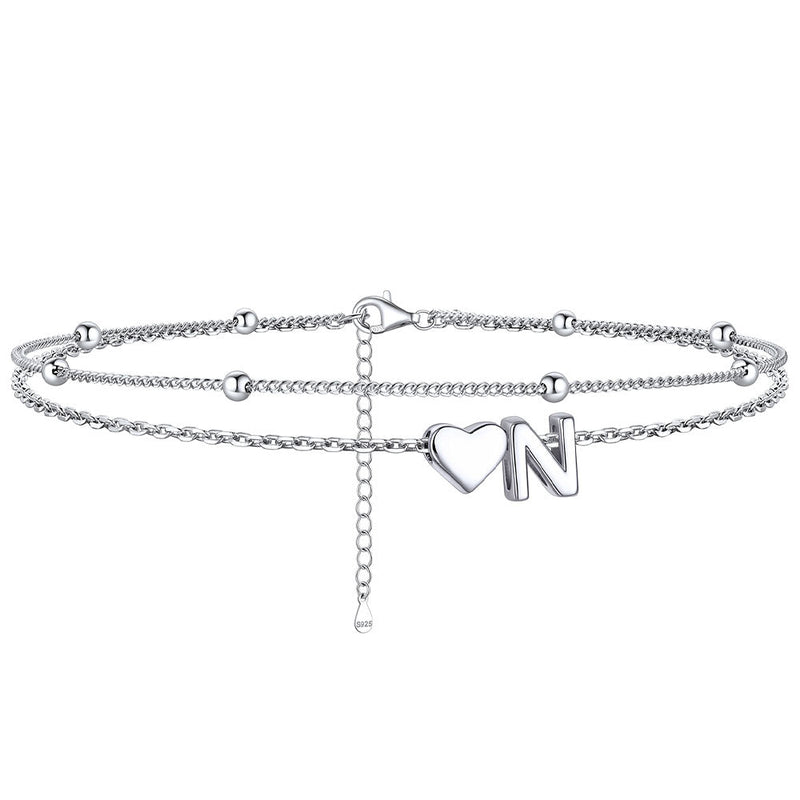 Sterling Silver Initial Heart Layered Anklet for