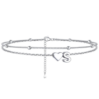 Sterling Silver Initial Heart Layered Anklet for