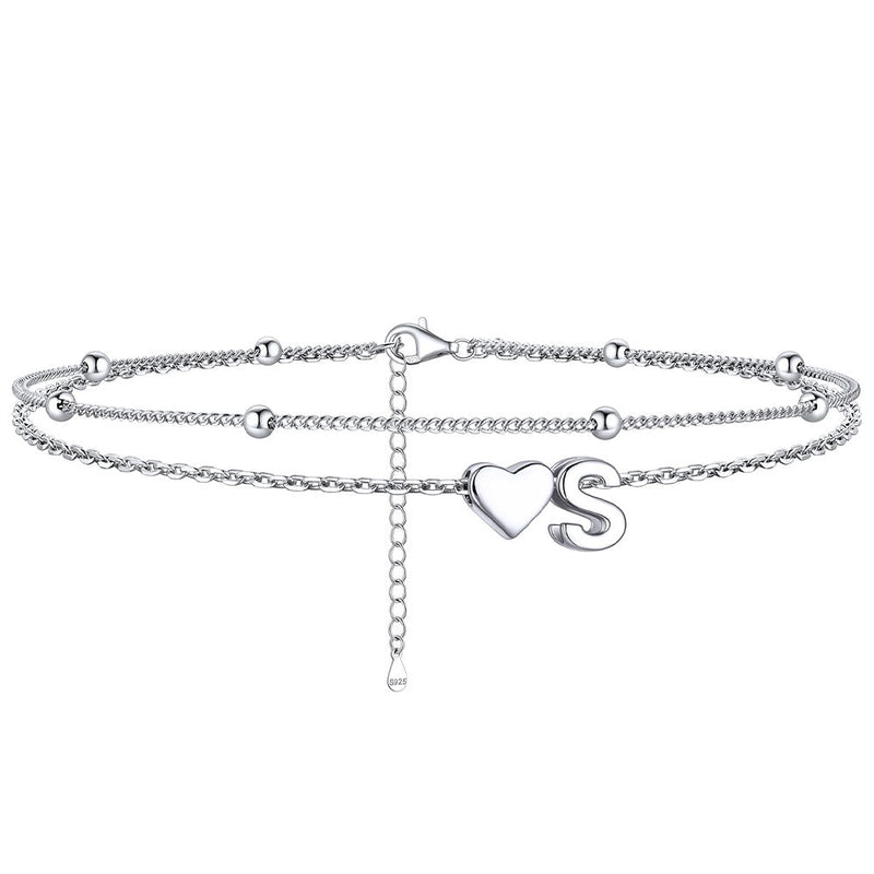 Sterling Silver Initial Heart Layered Anklet for