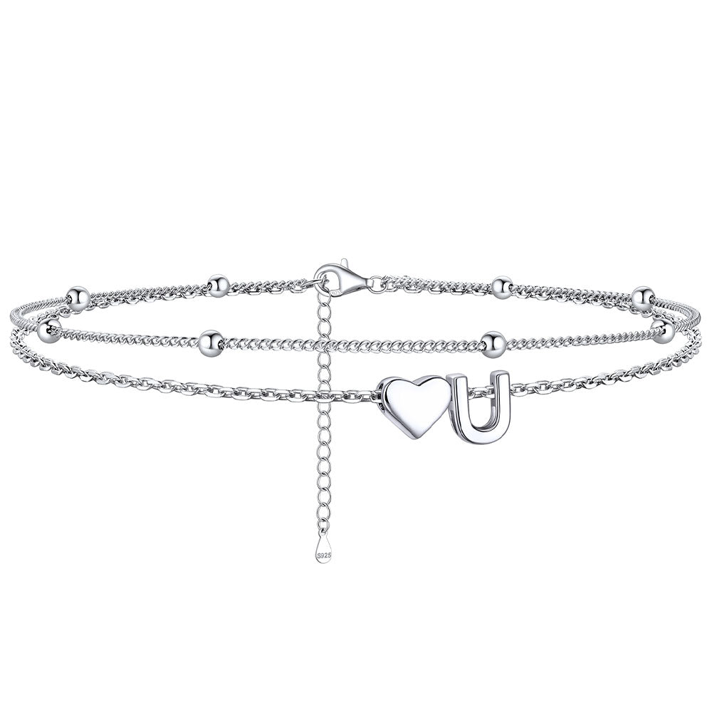 Sterling Silver Initial Heart Layered Anklet for
