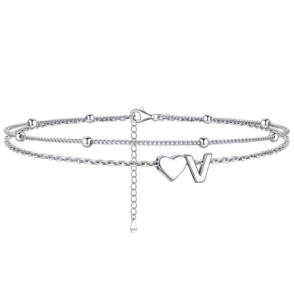 Sterling Silver Initial Heart Layered Anklet for