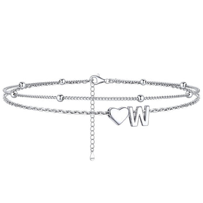 Sterling Silver Initial Heart Layered Anklet for