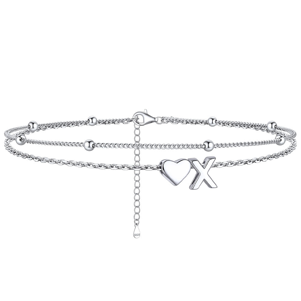Sterling Silver Initial Heart Layered Anklet for